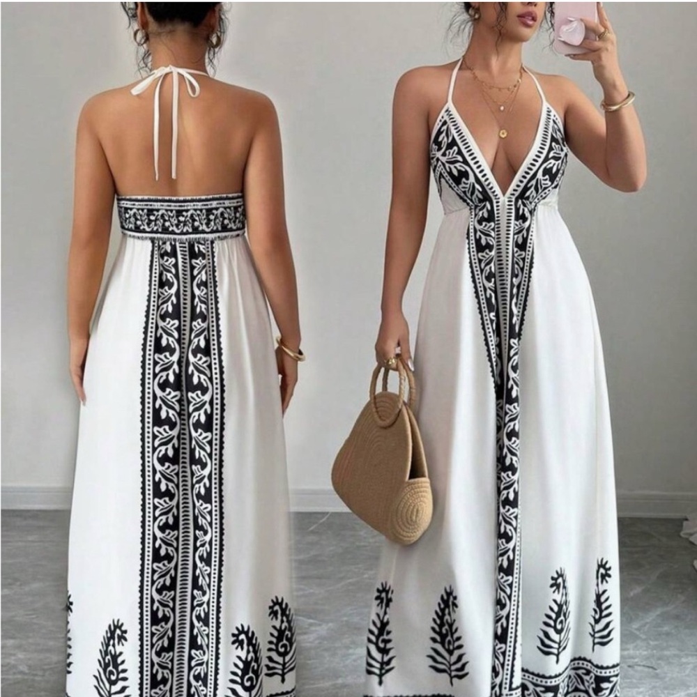 Elegant White and Black Halter Maxi Dress